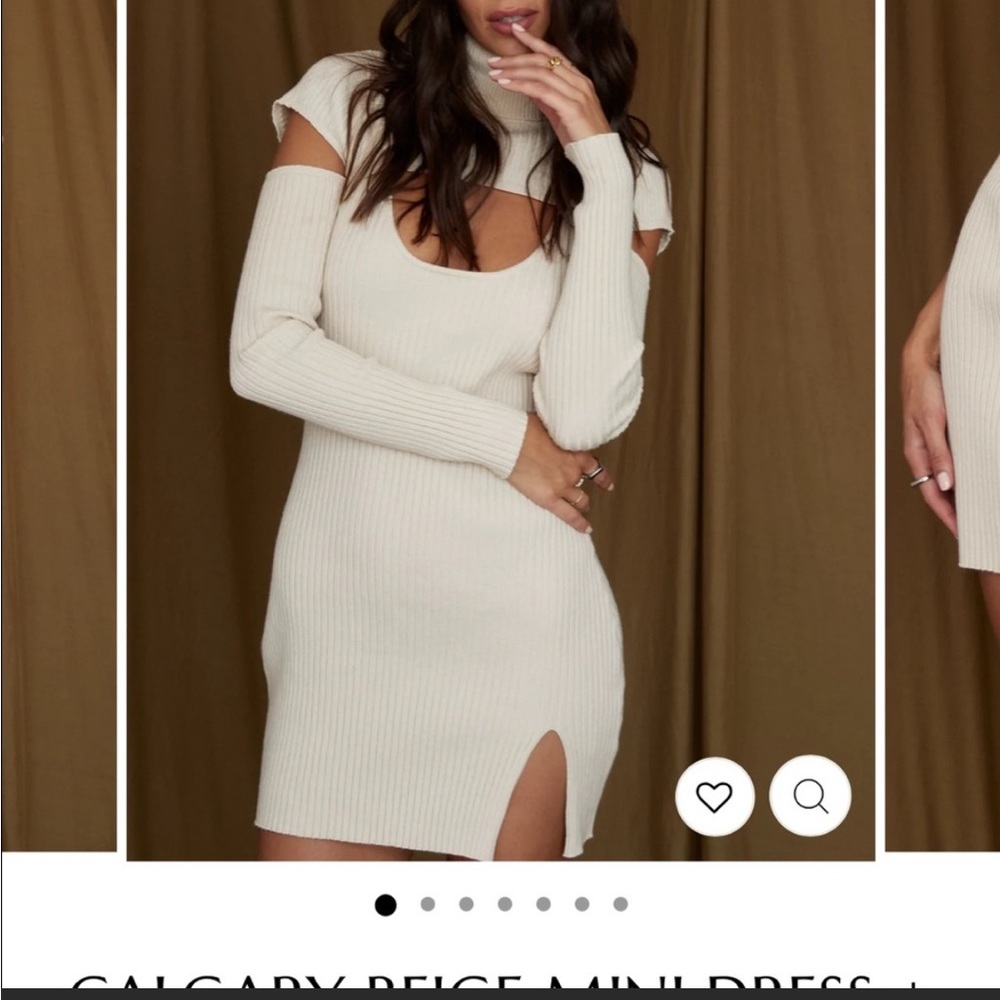 12th Tribe Beige Ribbed Cutout Turtleneck Mini Dress